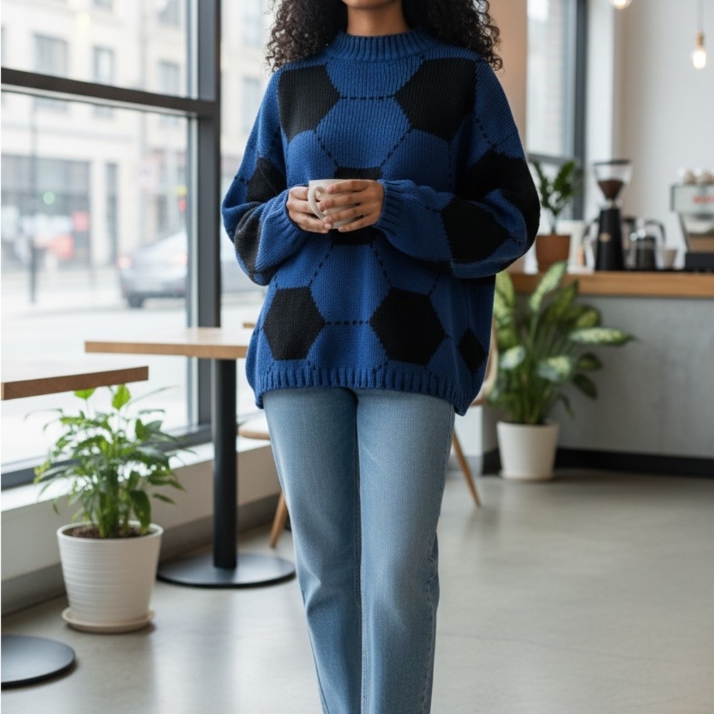 Blue and Black Geometric Sweater